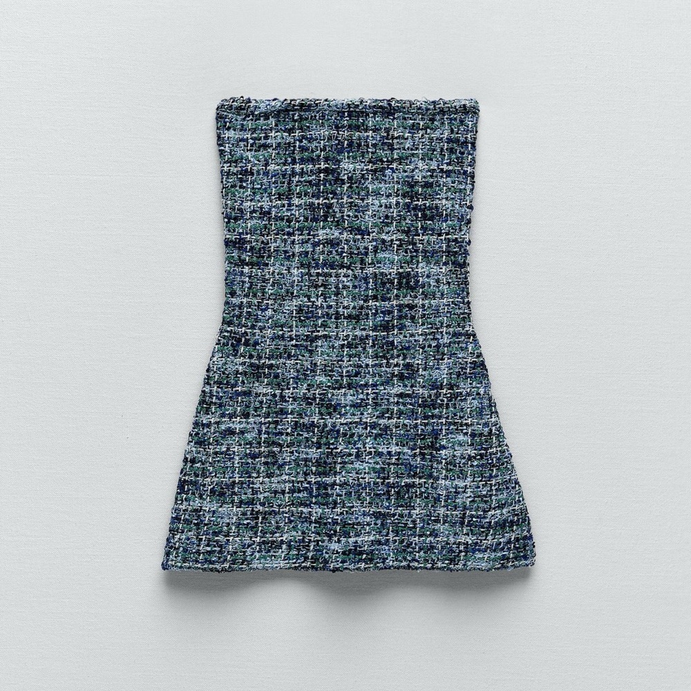 ZARA Blue Tweed Strapless Top Size M